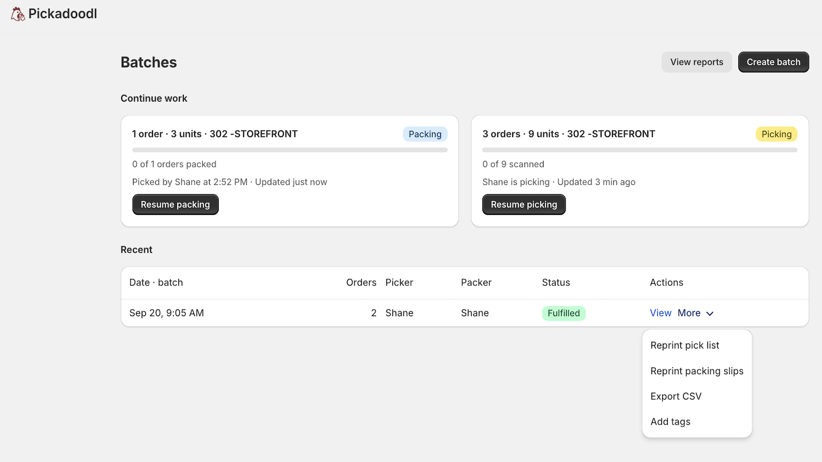 Pickadoodl dashboard with batches in progress and a Create batch button