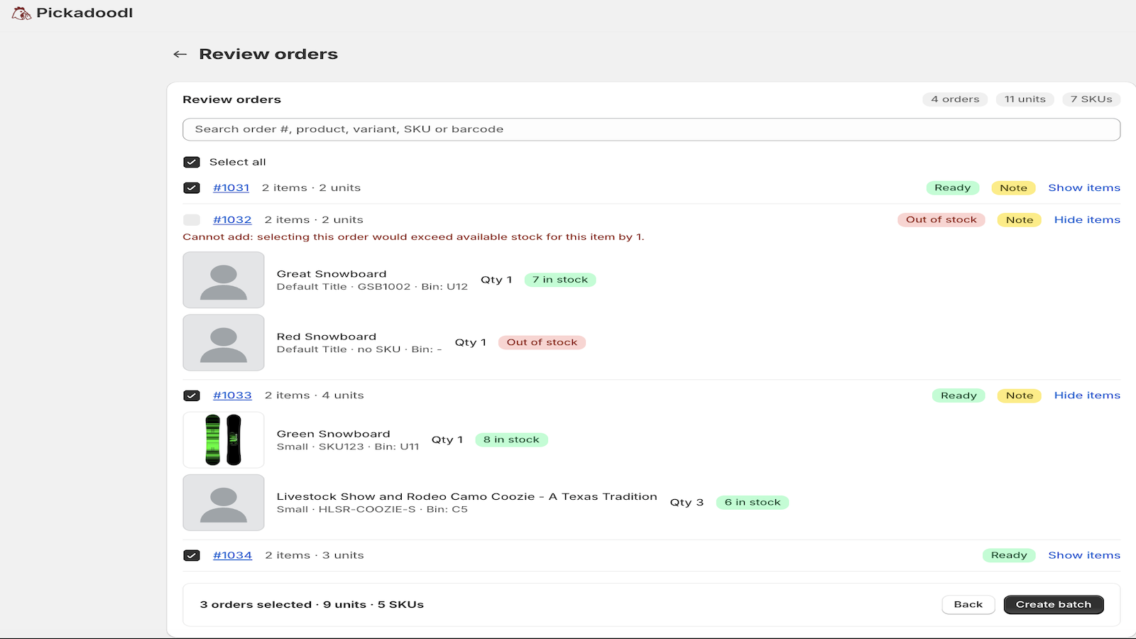 Pickadoodl review orders screen with stock badges and bin locations