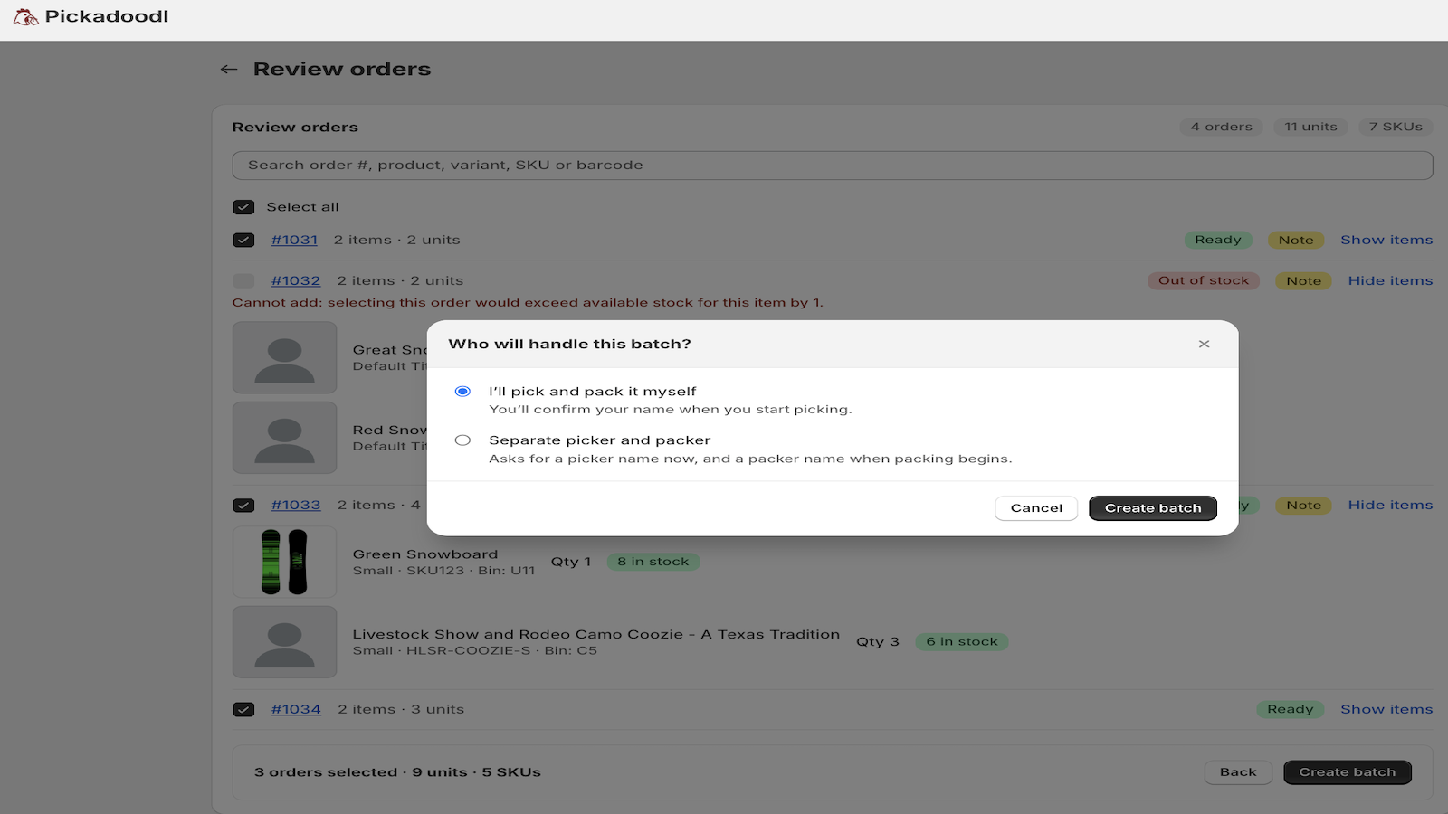 Choosing solo or separate picker and packer roles in Pickadoodl