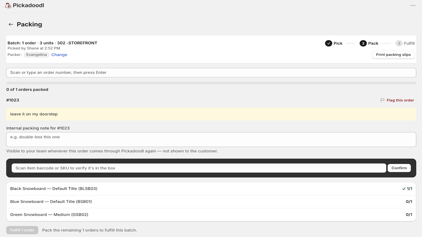 Pickadoodl packing screen with a customer note and barcode scan-to-verify