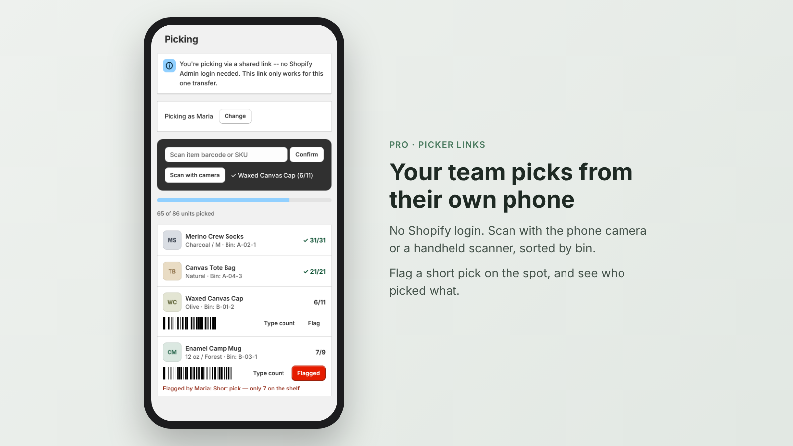 Pro picker link on a phone: scan-based picking sorted by bin, with a flagged short pick
