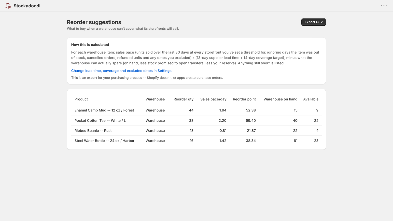 Reorder suggestions with the calculation shown and CSV export